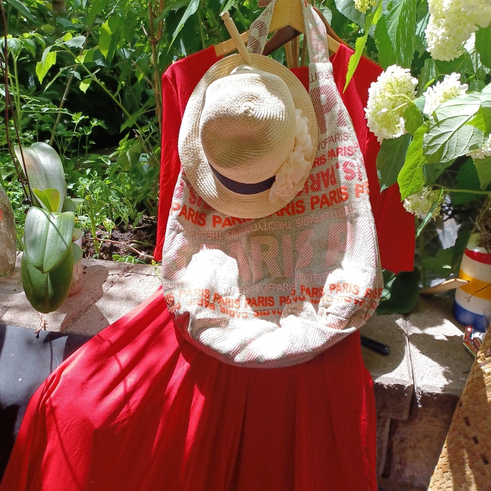 Red Vintage Dress size Medium Paris Shoulder Bag Straw Hat with Flower